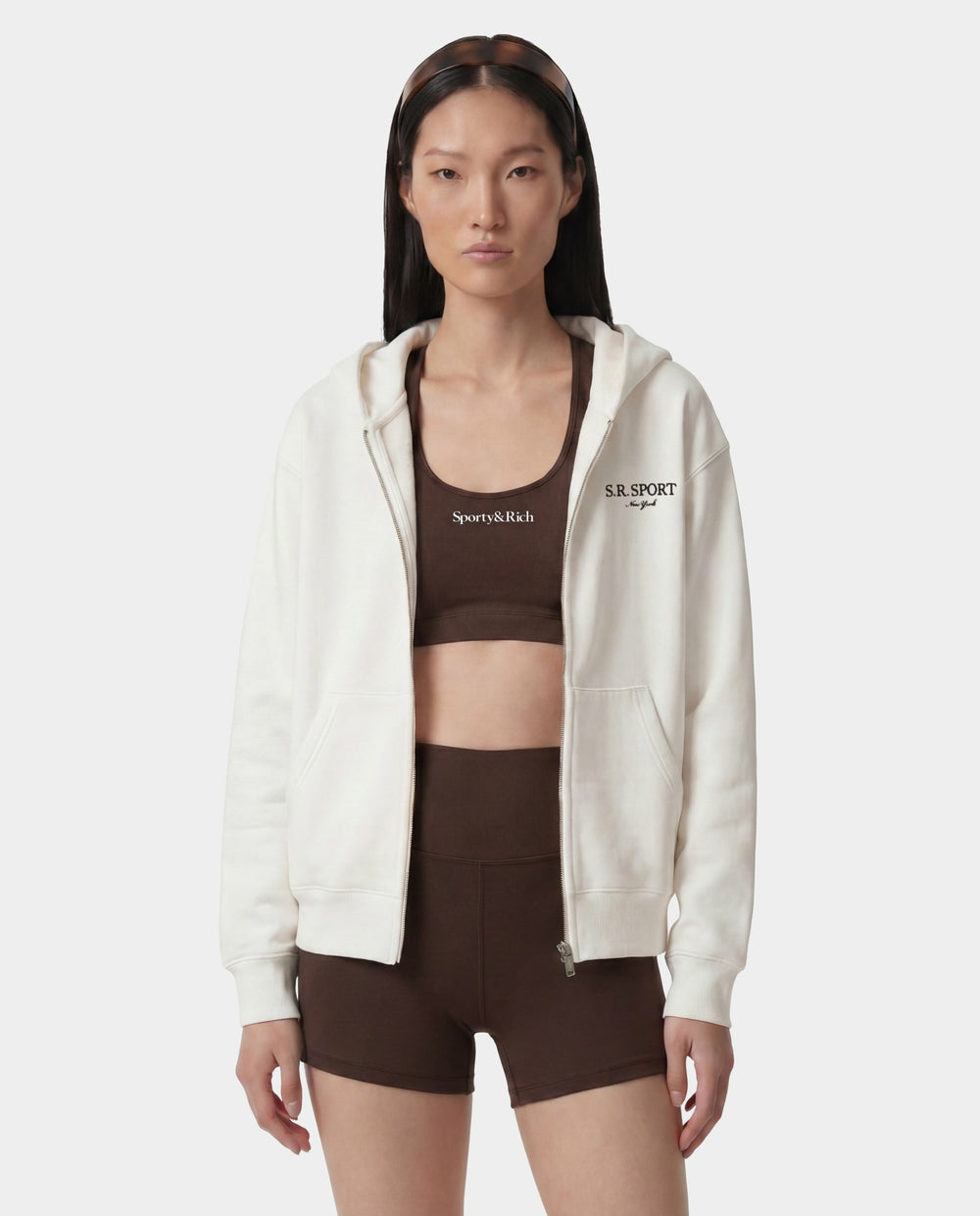 SR Sport Embroidered Zip Hoodie - Ecru Sporty & Rich Online
