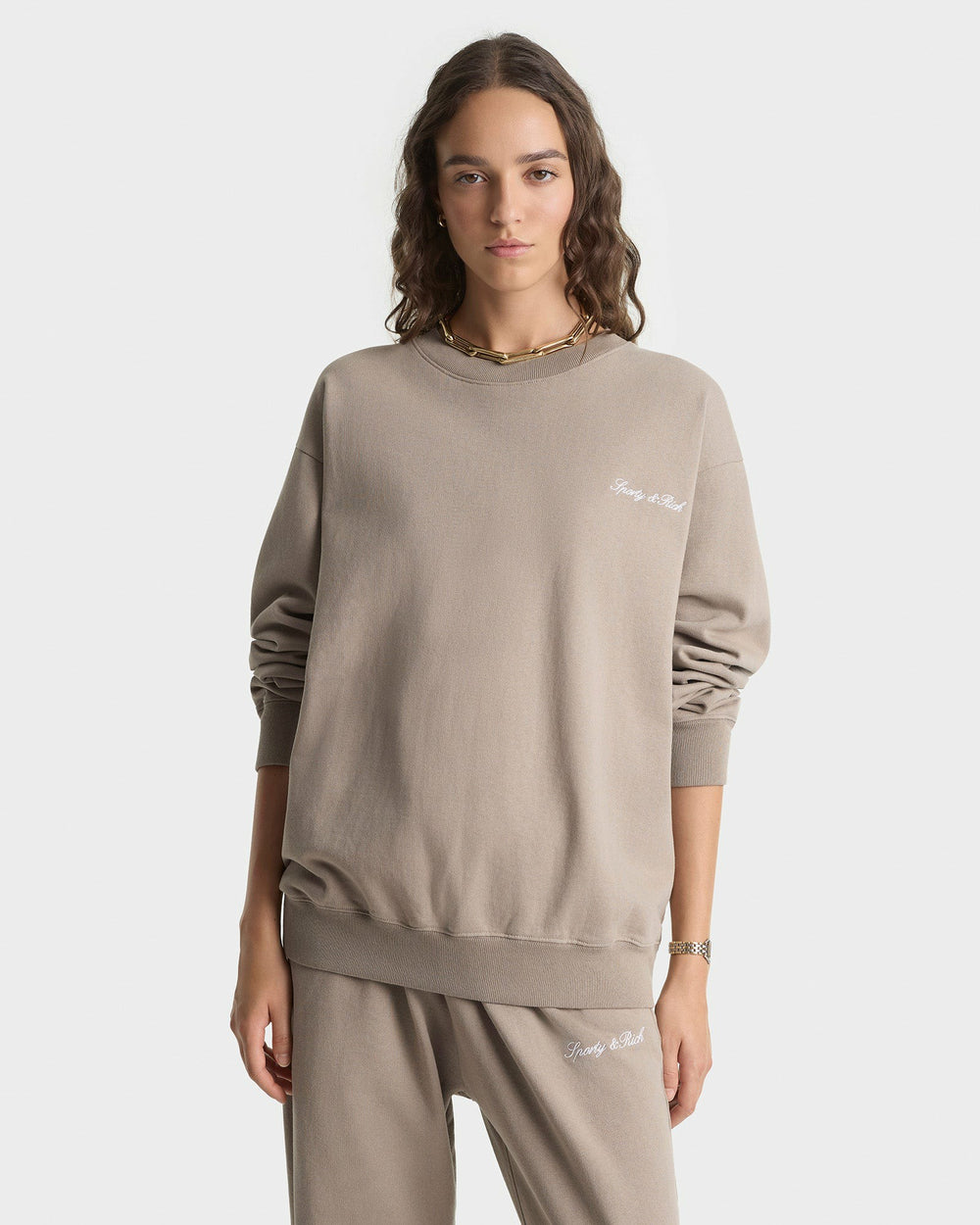 Signature Logo Embroidered Crewneck - Hazelnut/White Sporty & Rich Online