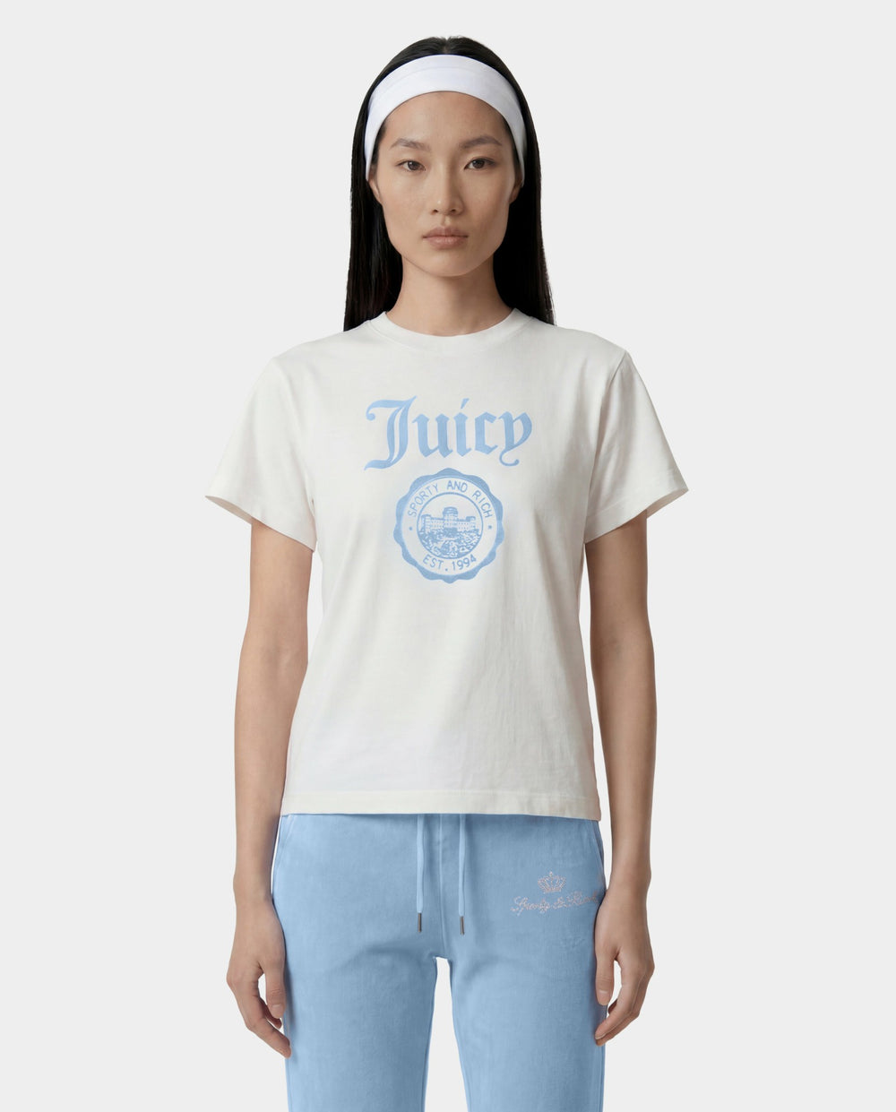 Juicy Emblem Essentials Tee - White/Sky Blue Sporty & Rich US