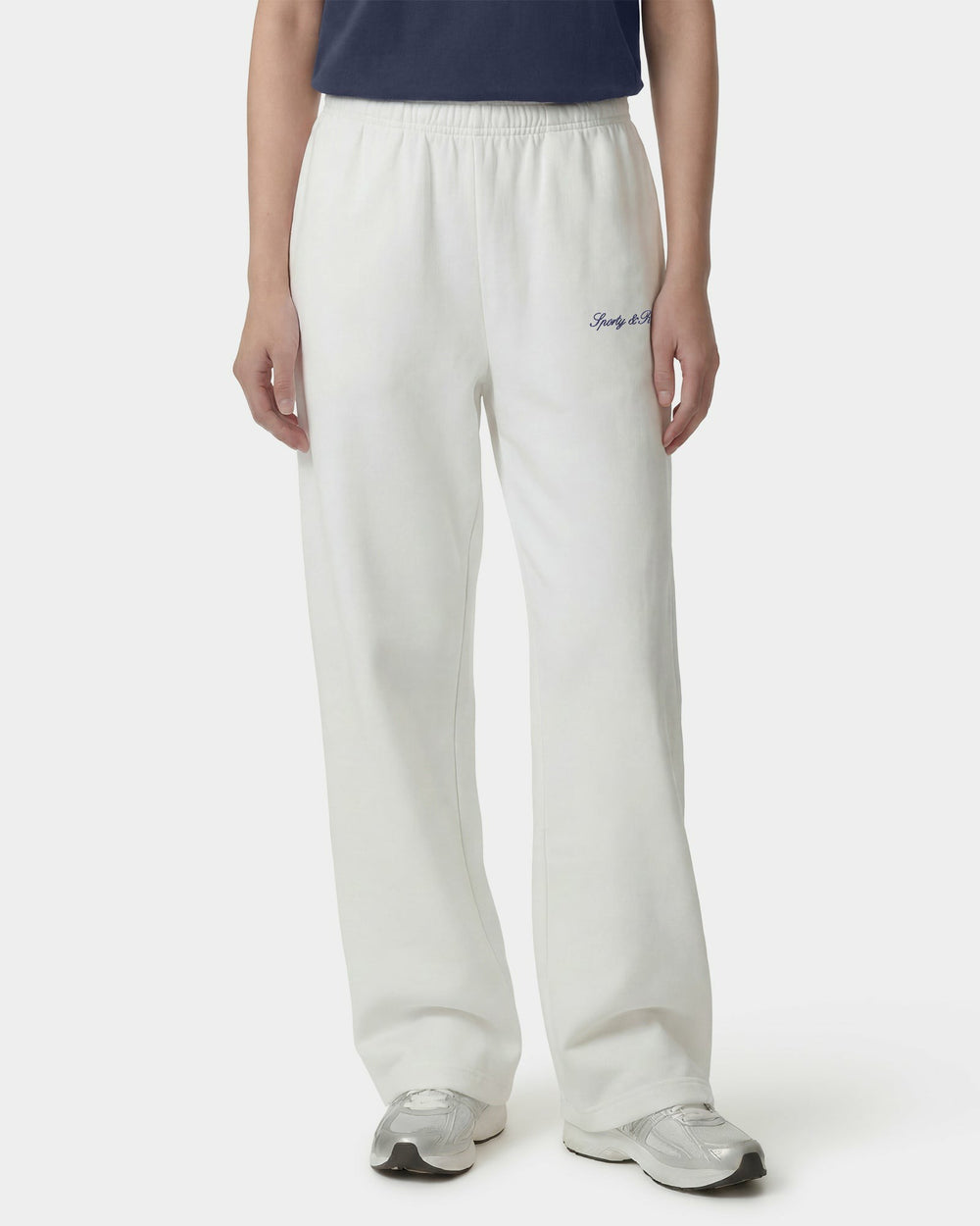 Signature Logo Embroidered Wide Sweatpant - White/Light Navy Sporty & Rich Discount