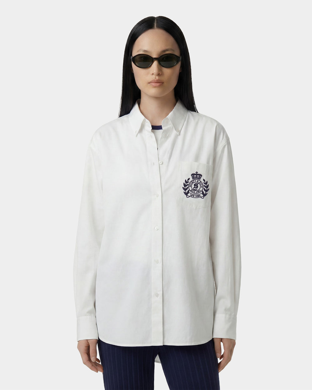 NY Crest Oversized Shirt - White/Navy Sporty & Rich For Sale