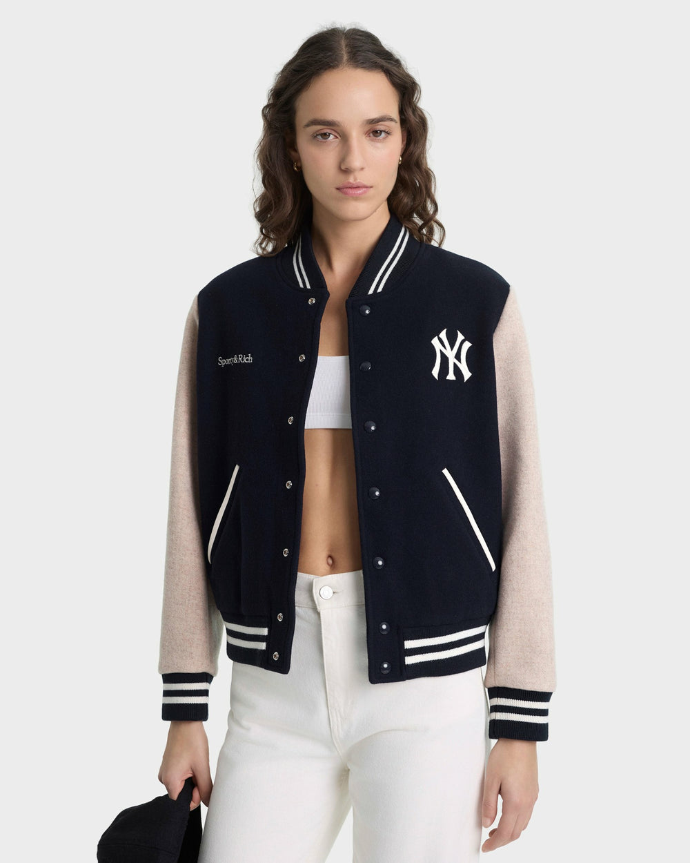 Yankees Curve Wool Varsity Jacket - Navy/Ecru Sporty & Rich For Sale