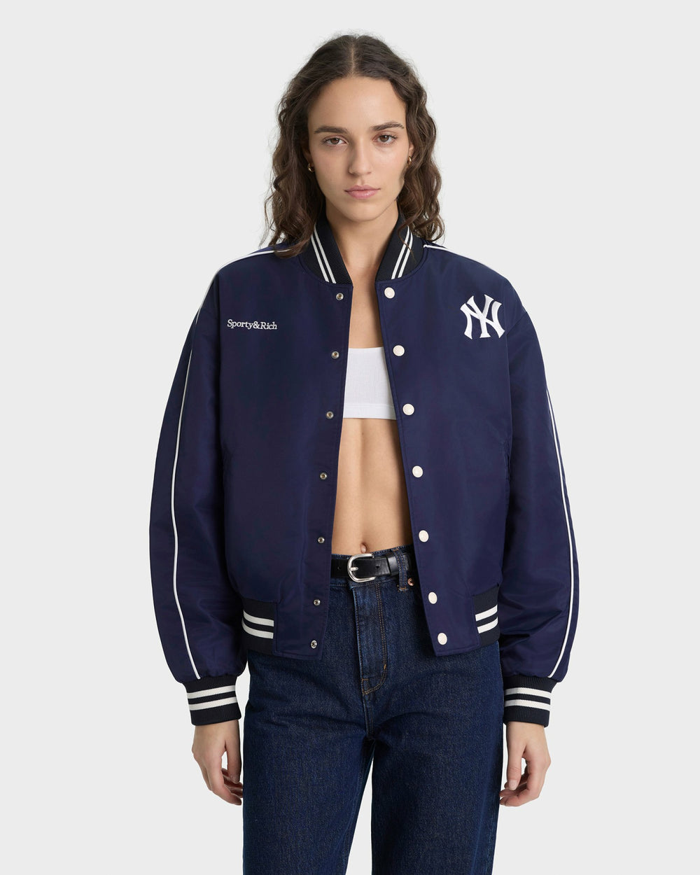 Yankees Curve Nylon Varsity Jacket - Navy/White Sporty & Rich Outlet