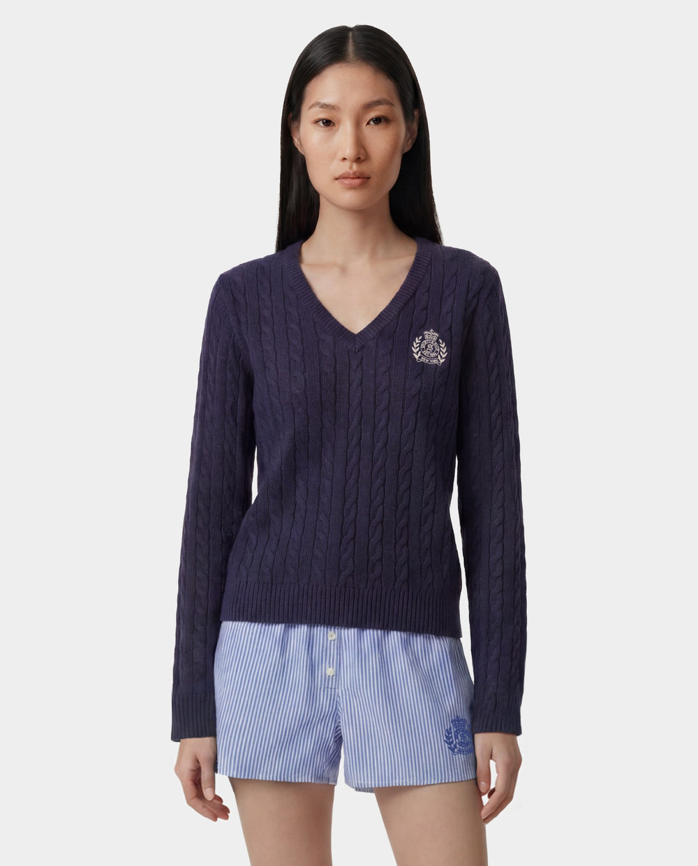 NY Crest V-Neck Cable Sweater - Light Navy/Ecru Sporty & Rich Outlet
