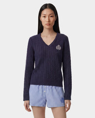 NY Crest V-Neck Cable Sweater - Light Navy/Ecru Sporty & Rich Outlet