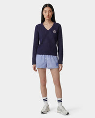 NY Crest V-Neck Cable Sweater - Light Navy/Ecru Sporty & Rich Outlet