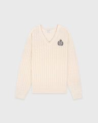 NY Crest V-Neck Cable Sweater - Ecru/Light Navy Sporty & Rich US
