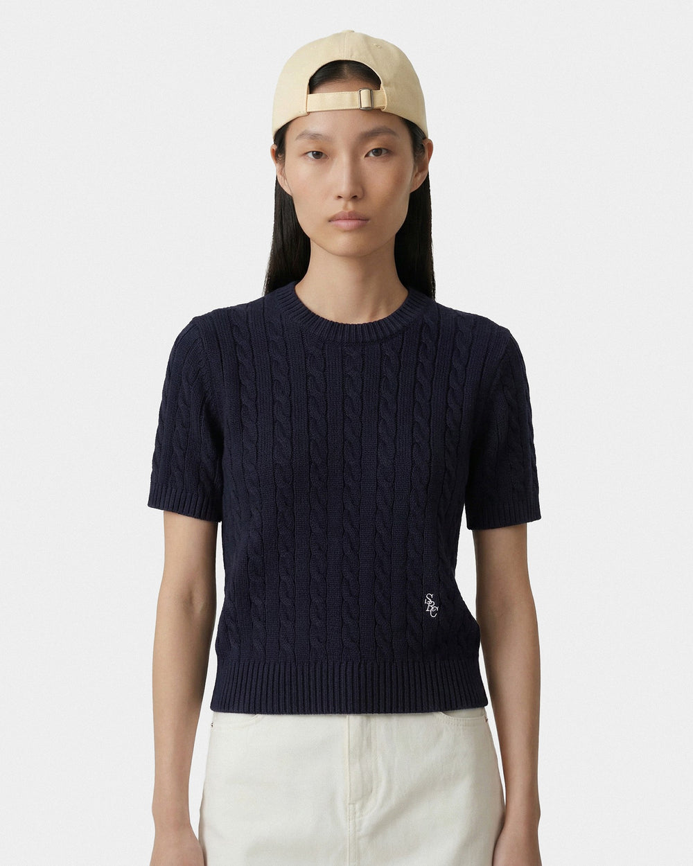 SRC Cotton Cableknit Sweater - Navy/White Sporty & Rich For Sale