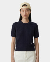 SRC Cotton Cableknit Sweater - Navy/White Sporty & Rich For Sale