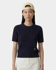SRC Cotton Cableknit Sweater - Navy/White Sporty & Rich For Sale