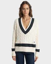 SRC Cableknit V-Neck Sweater - Ecru/Navy/Forest Sporty & Rich For Sale