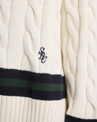 SRC Cableknit V-Neck Sweater - Ecru/Navy/Forest Sporty & Rich For Sale