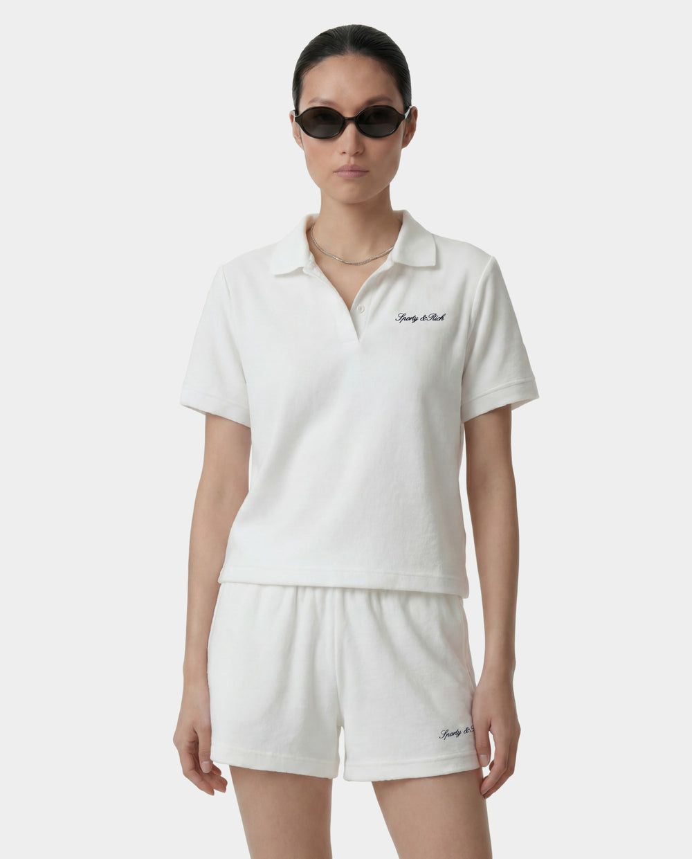 Signature Logo Terry Polo - White/Light Navy Sporty & Rich US