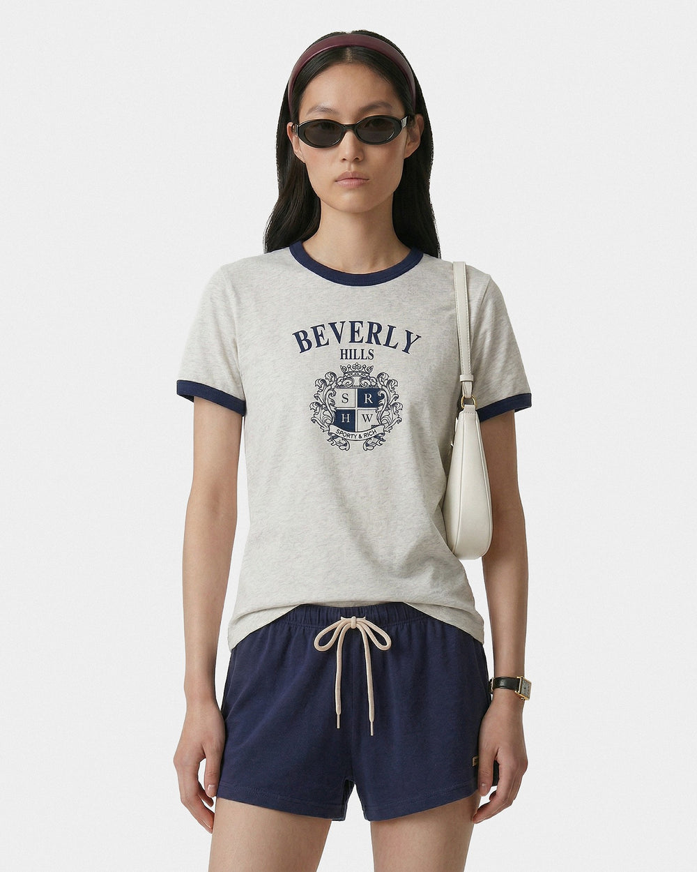 BH Crest Soft Ringer Tee - Heather Gray/Navy Sporty & Rich For Sale