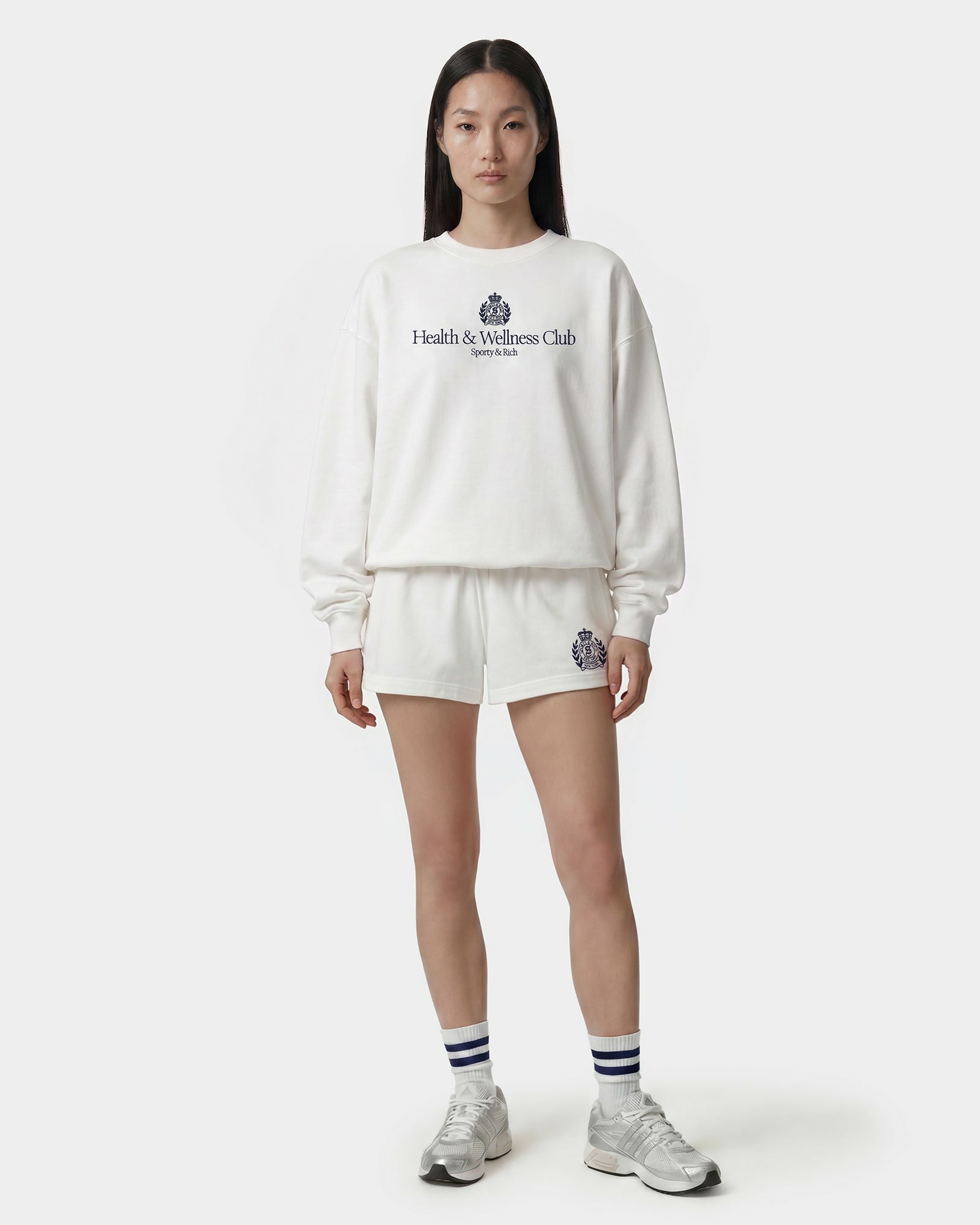 H&W Crest Embroidered Crewneck - White/Light Navy Sporty & Rich Online