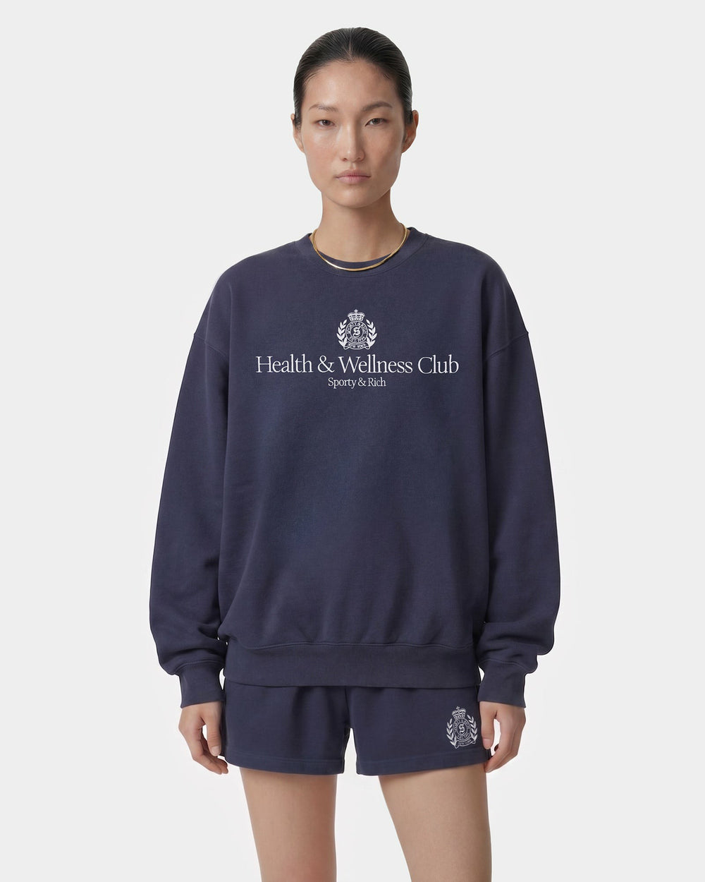 H&W Crest Embroidered Crewneck - Light Navy/White Sporty & Rich Discount
