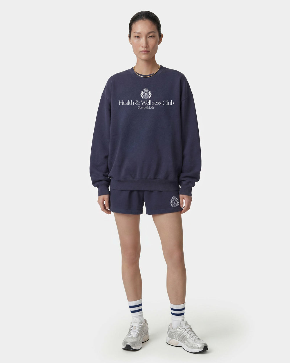 H&W Crest Embroidered Crewneck - Light Navy/White Sporty & Rich Discount