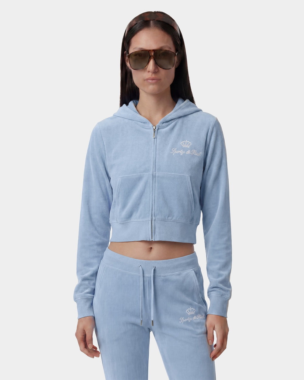 Juicy Script Velour Zip Hoodie - Sky Blue Sporty & Rich For Sale