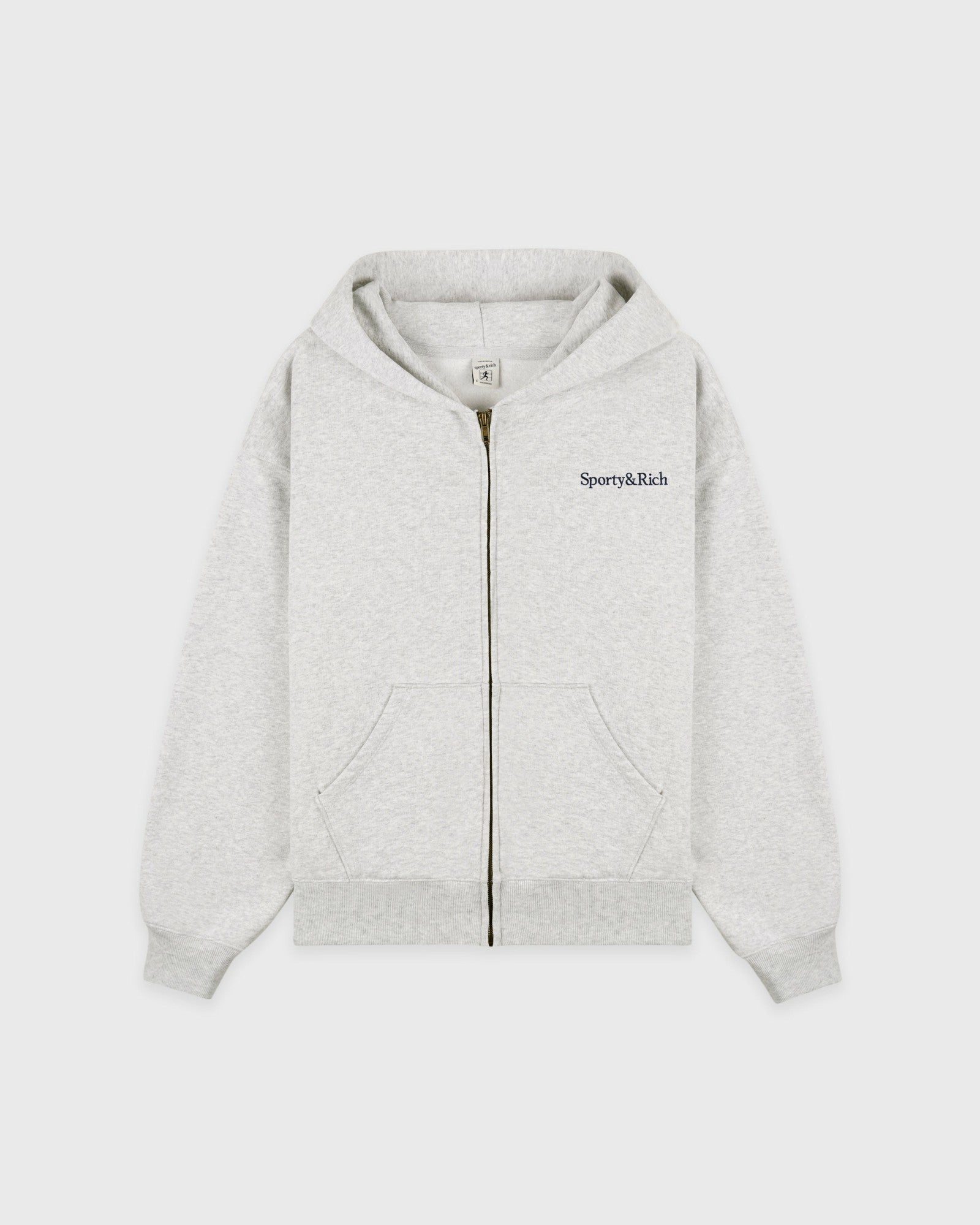 Serif Logo Embroidered Zip Hoodie - Heather Gray/Navy Sporty & Rich For Sale