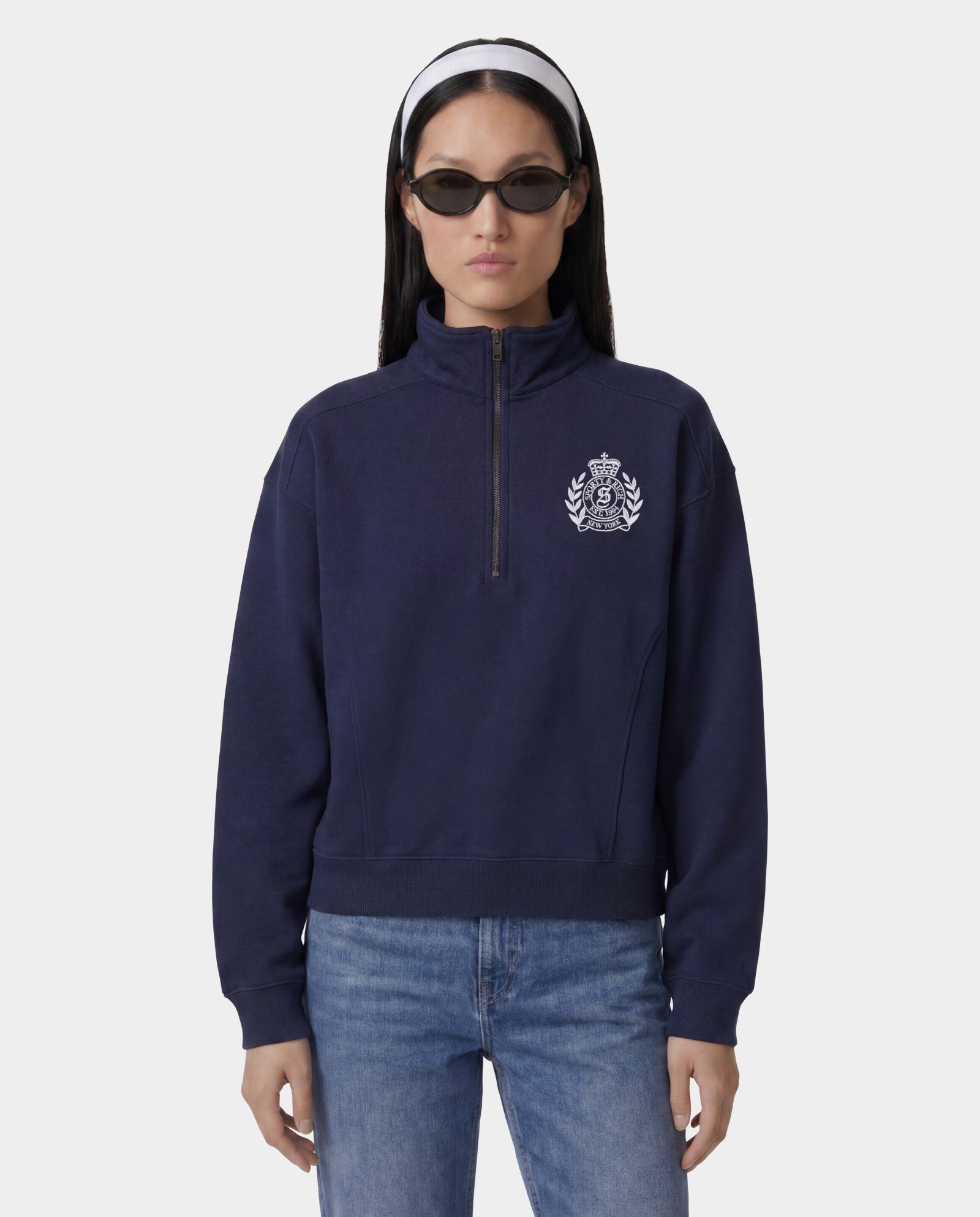 NY Crest Embroidered Quarter Zip - Dark Navy Sporty & Rich For Sale