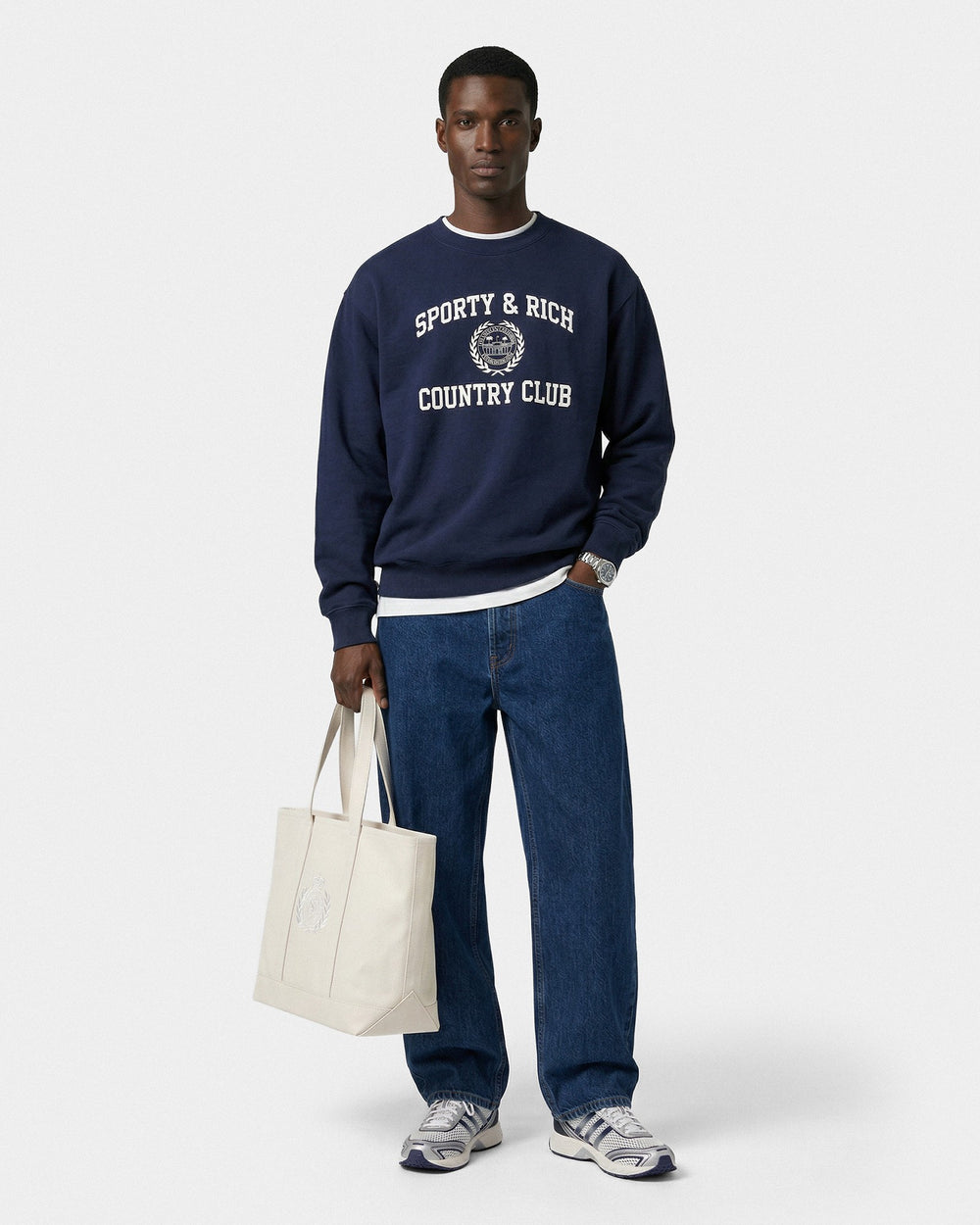 Varsity Crest Crewneck - Navy/White Sporty & Rich Sale