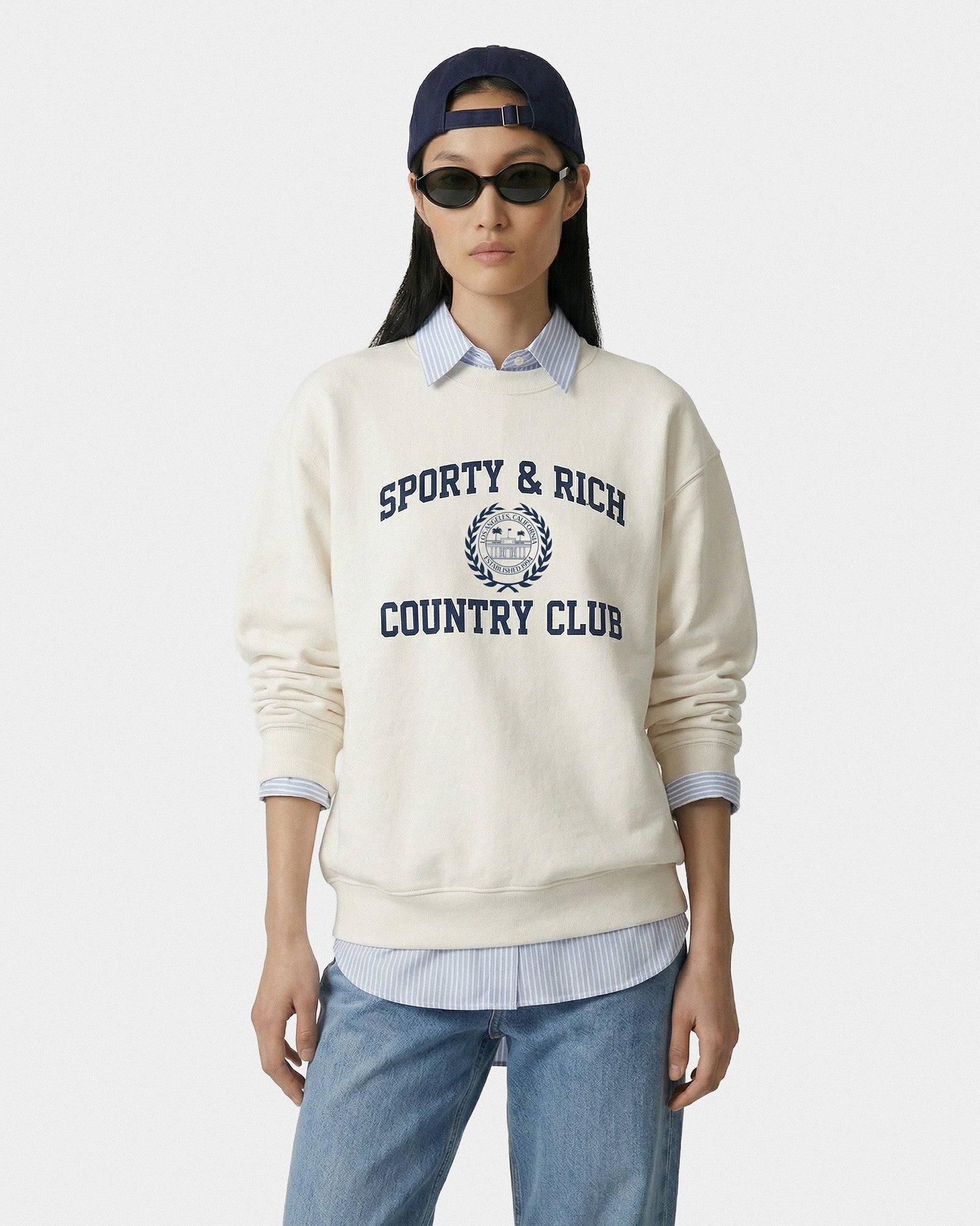 Varsity Crest Crewneck - Ecru/Navy Sporty & Rich US