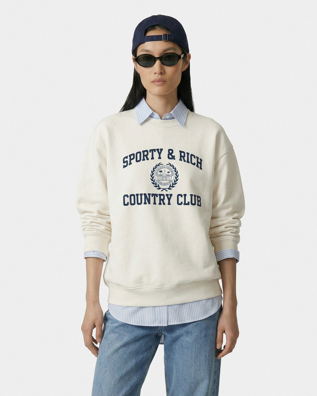 Varsity Crest Crewneck - Ecru/Navy Sporty & Rich US