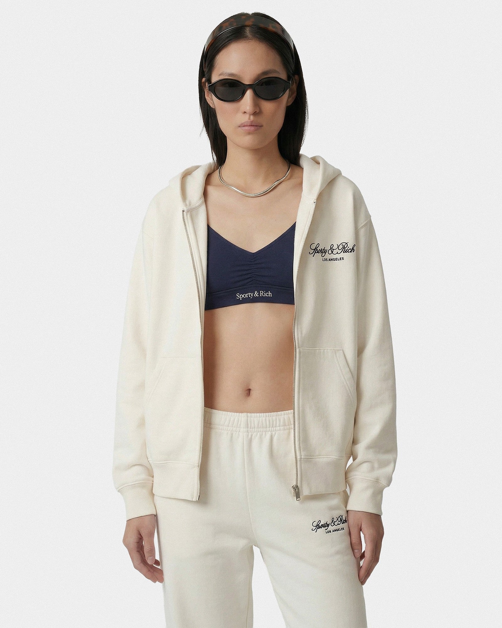 Vendome LA Embroidered Zip Hoodie - Ecru/Navy Sporty & Rich Sale