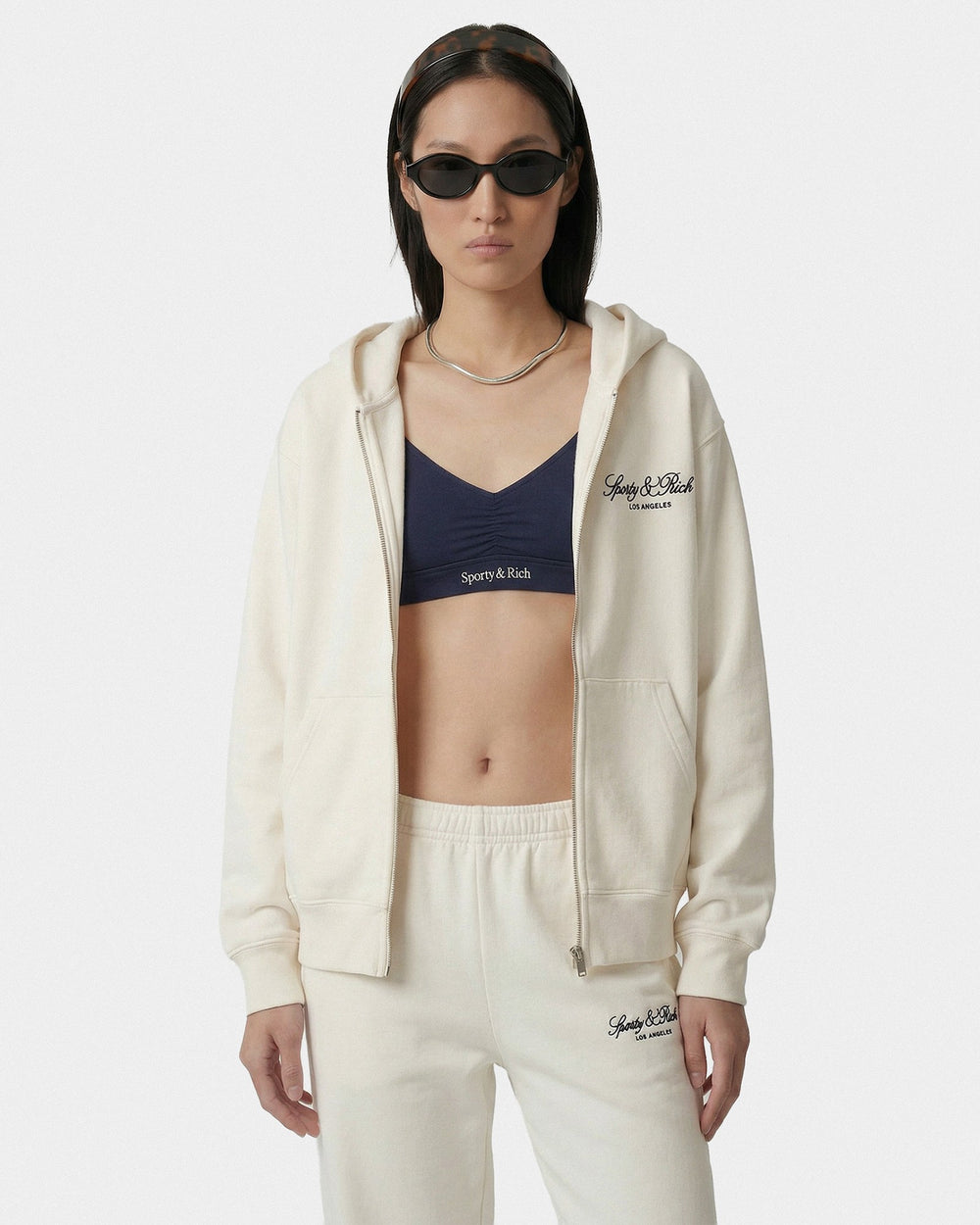 Vendome LA Embroidered Zip Hoodie - Ecru/Navy Sporty & Rich Sale