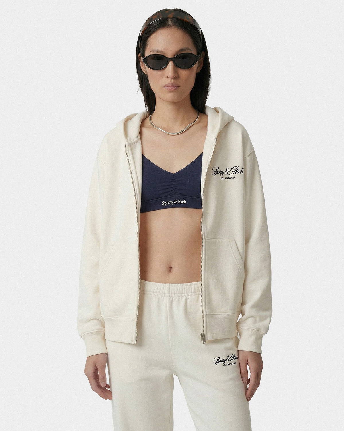 Vendome LA Embroidered Zip Hoodie - Ecru/Navy Sporty & Rich Sale