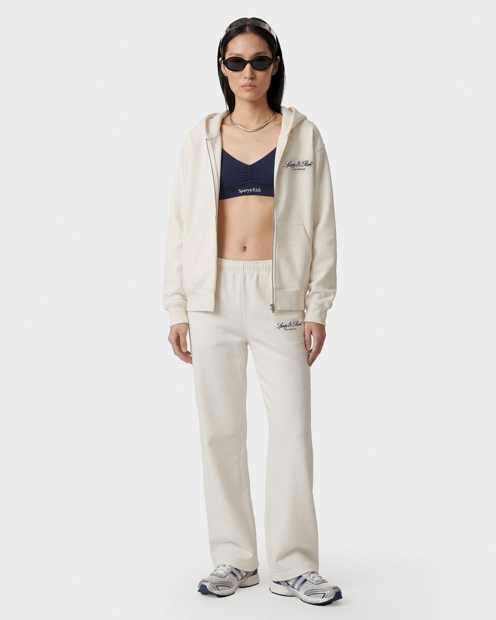 Vendome LA Embroidered Zip Hoodie - Ecru/Navy Sporty & Rich Sale
