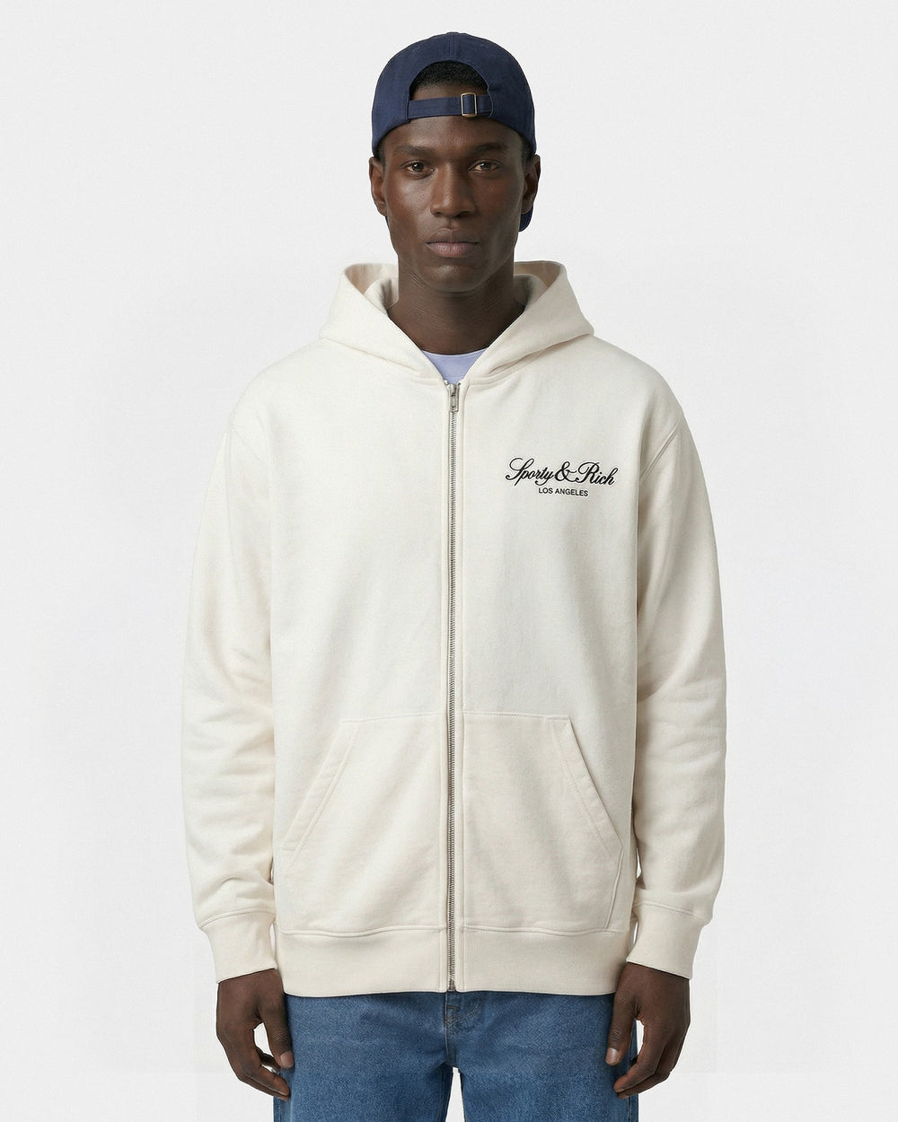 Vendome LA Embroidered Zip Hoodie - Ecru/Navy Sporty & Rich Sale