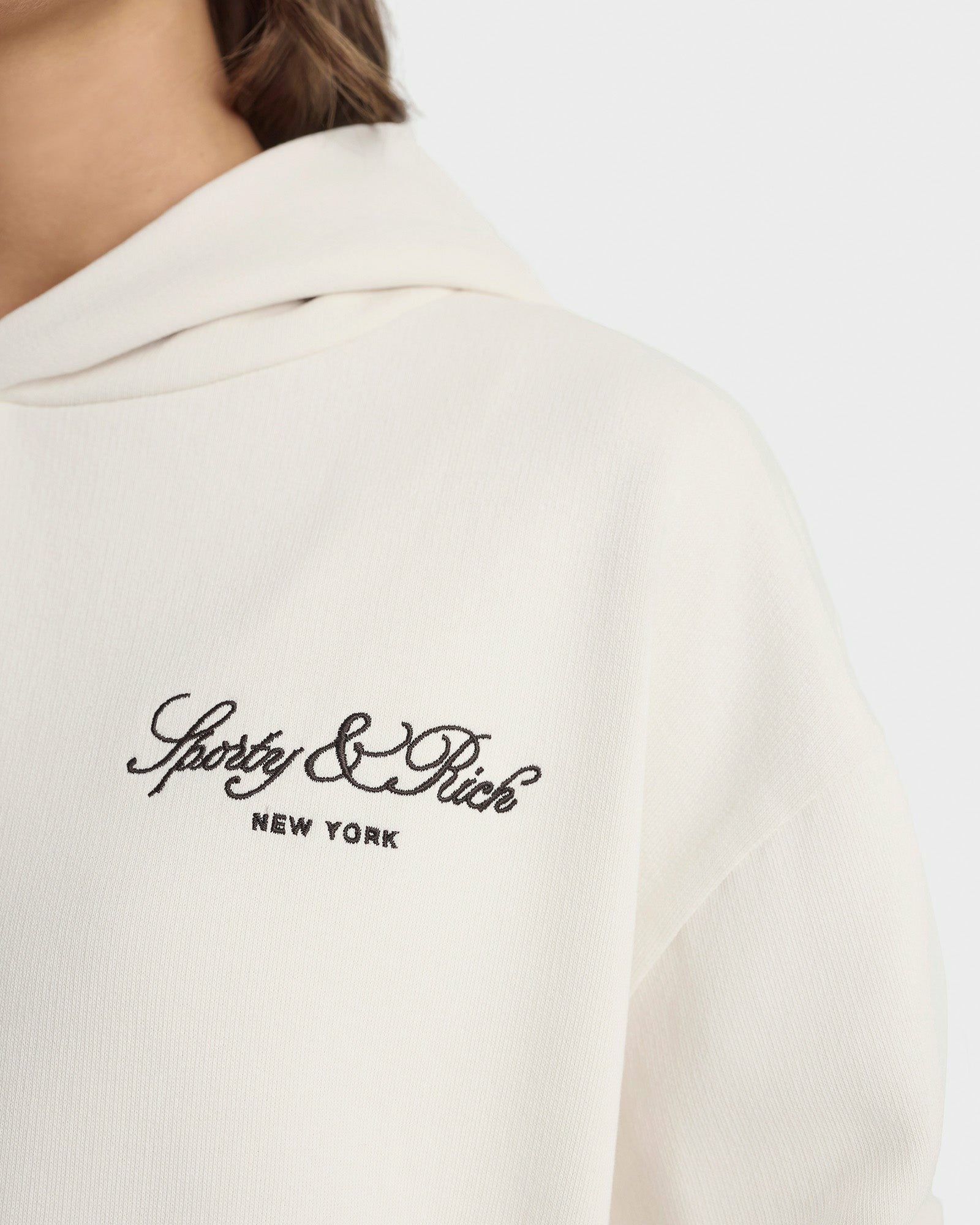 Vendome Script Embroidered Hoodie - Ecru/Chocolate Sporty & Rich US