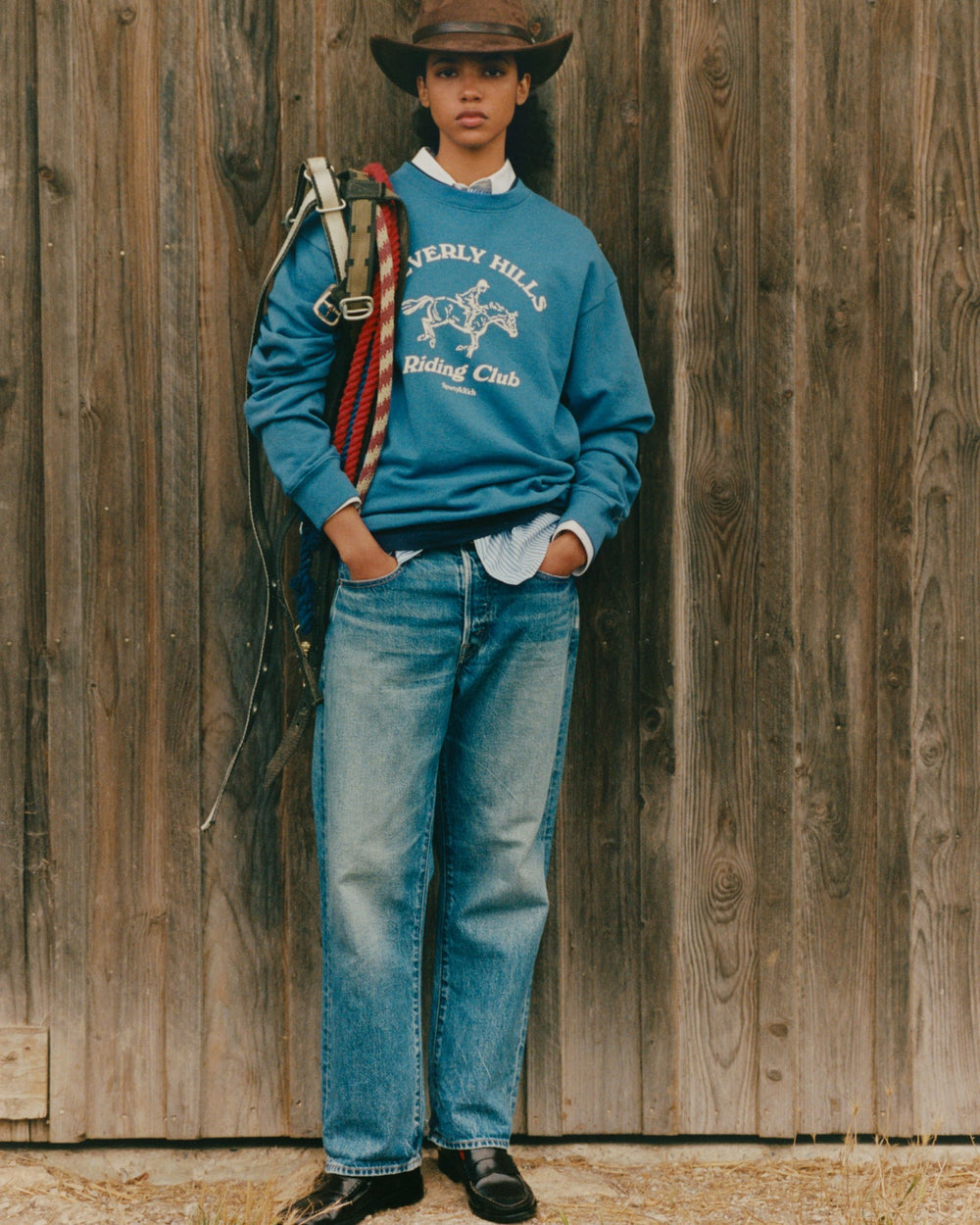 BH Riding Club Crewneck - Pier Blue/Ecru Sporty & Rich Outlet