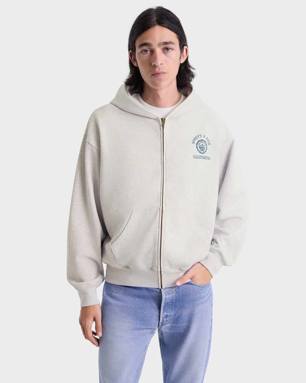 California Emblem Zip Hoodie - Heather Gray/Forest Sporty & Rich For Sale