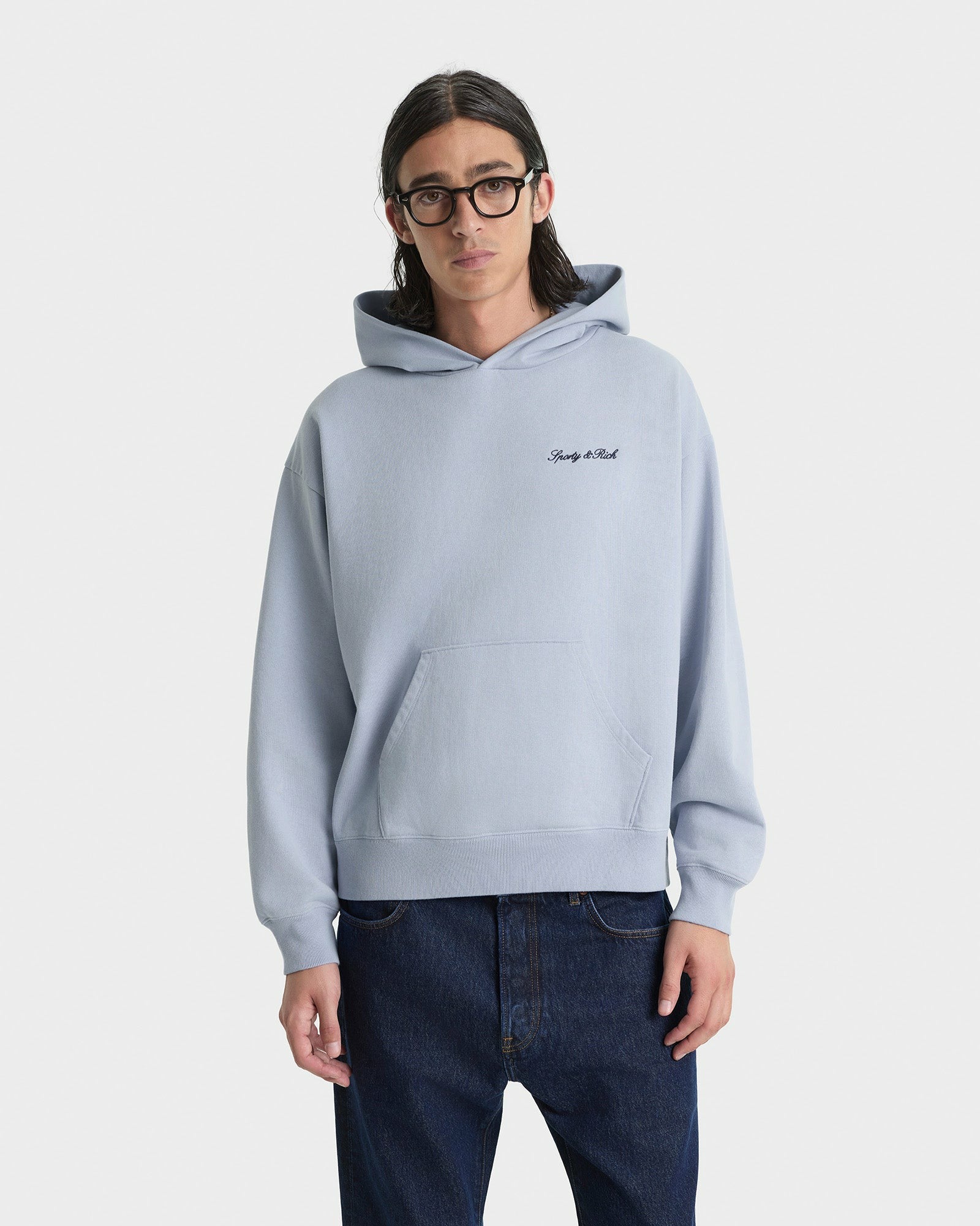 Signature Logo Embroidered Hoodie - Faded Blue/Navy Sporty & Rich Outlet