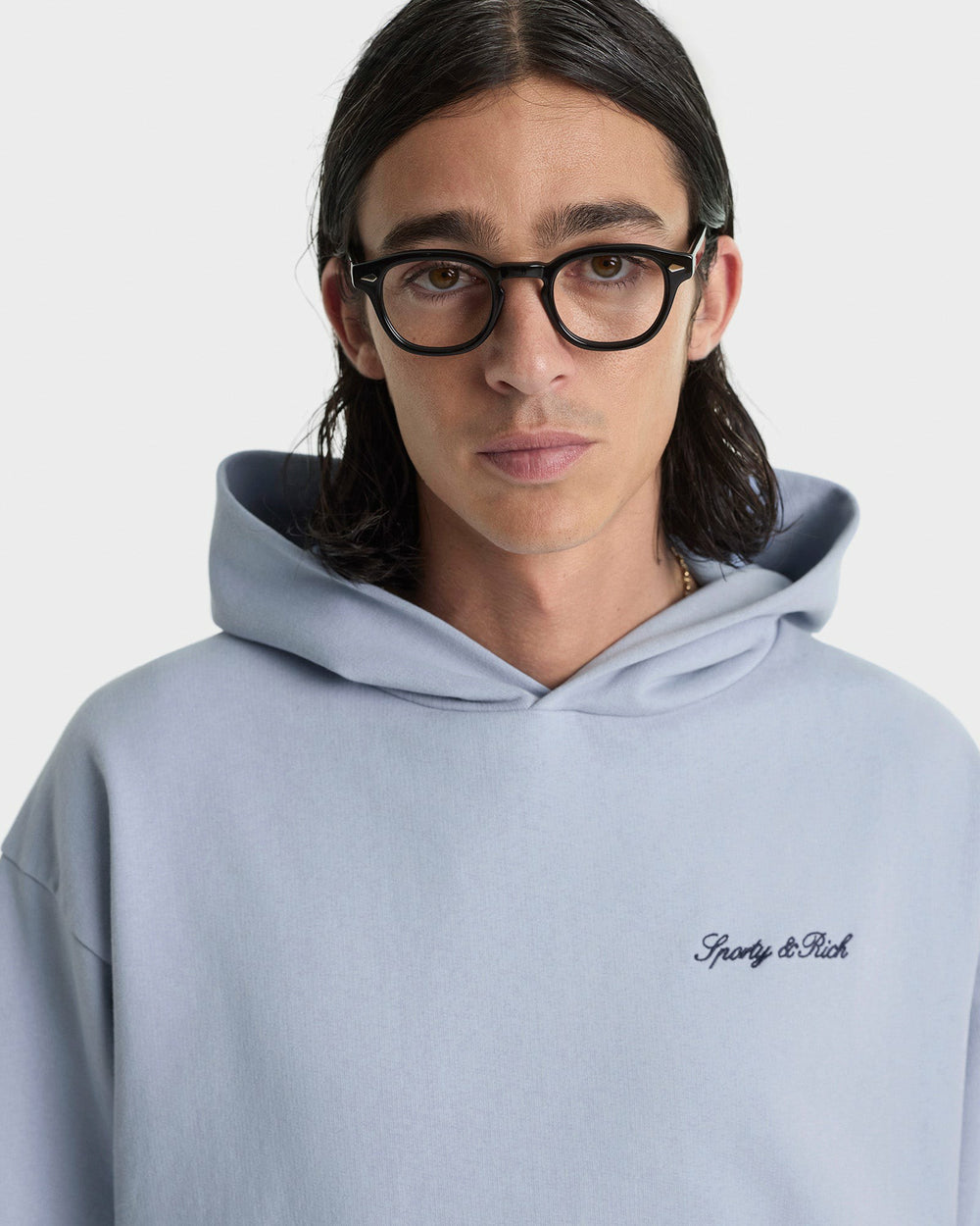Signature Logo Embroidered Hoodie - Faded Blue/Navy Sporty & Rich Outlet