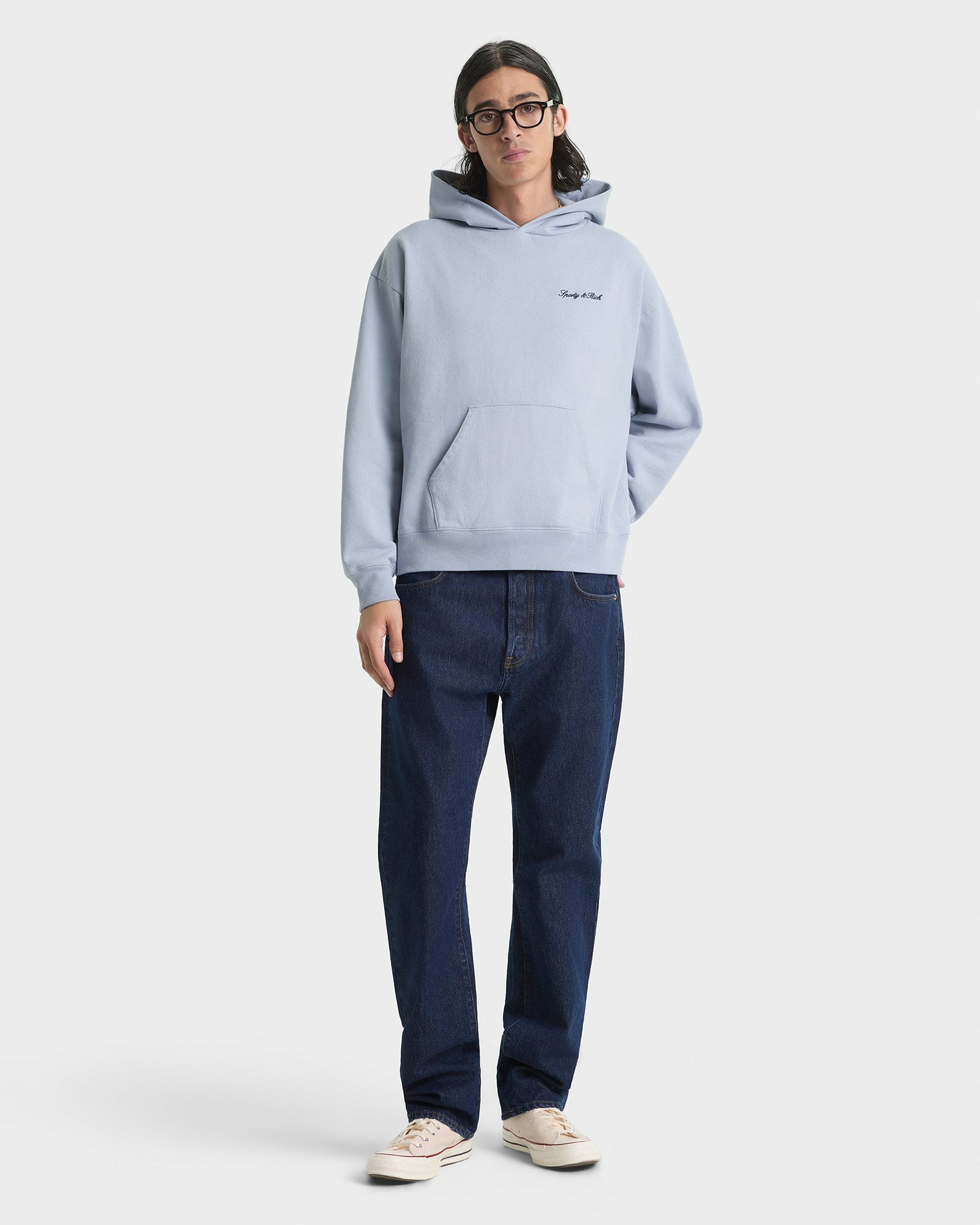 Signature Logo Embroidered Hoodie - Faded Blue/Navy Sporty & Rich Outlet