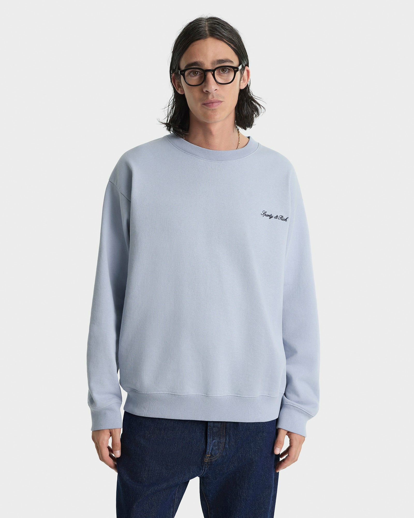 Signature Logo Embroidered Crewneck - Faded Blue/Navy Sporty & Rich US