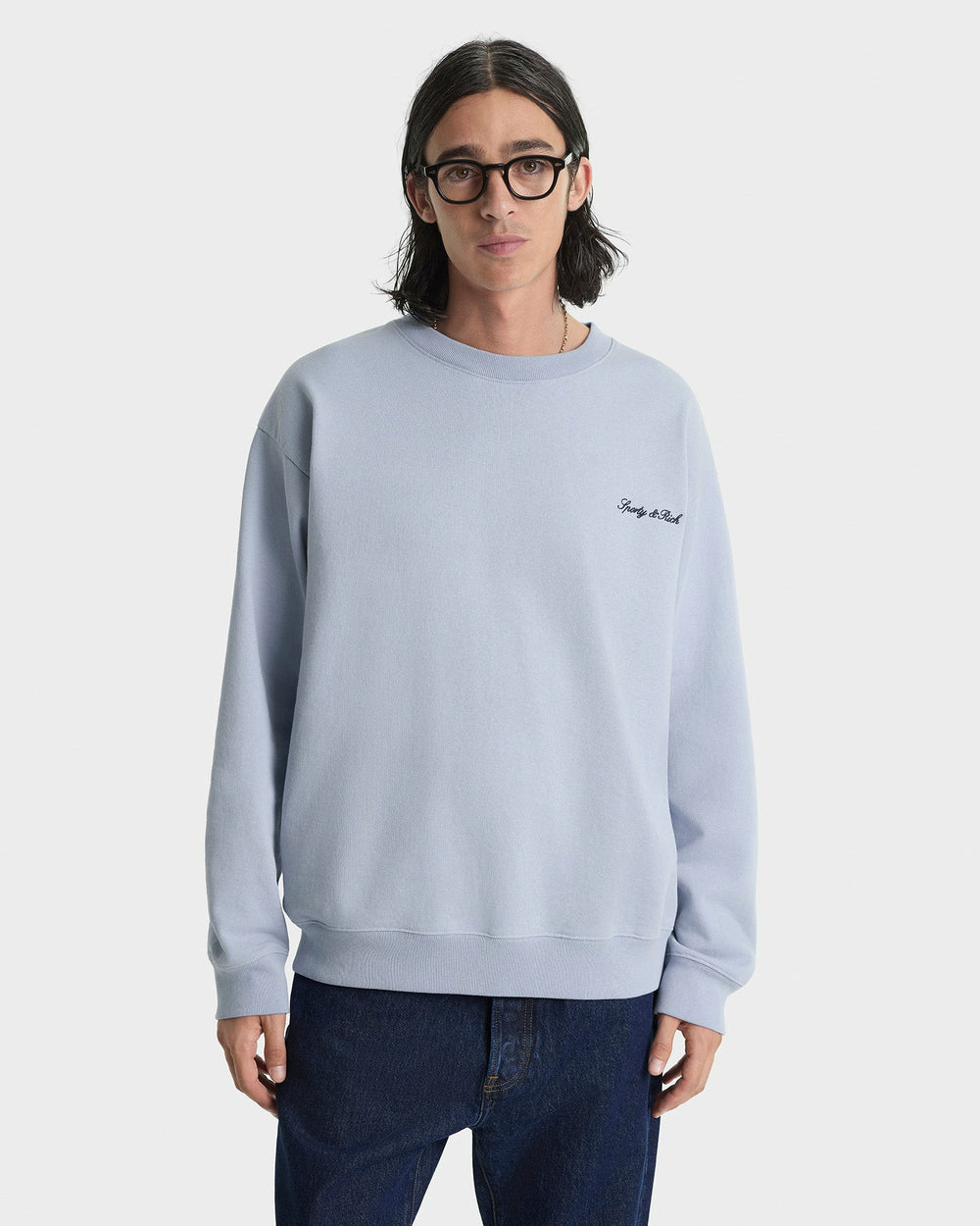 Signature Logo Embroidered Crewneck - Faded Blue/Navy Sporty & Rich US