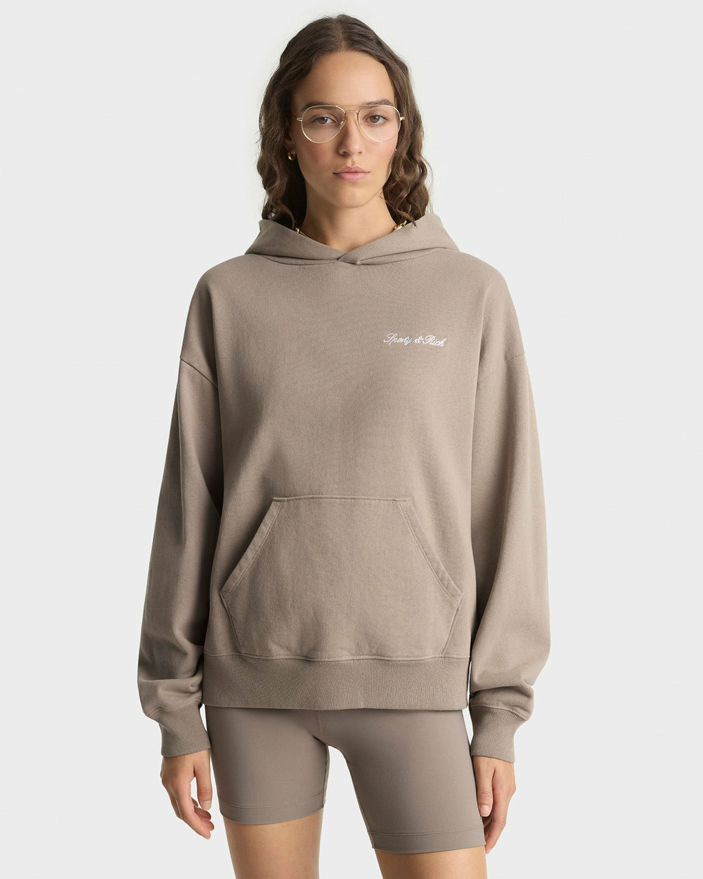 Signature Logo Embroidered Hoodie - Hazelnut/White Sporty & Rich Sale