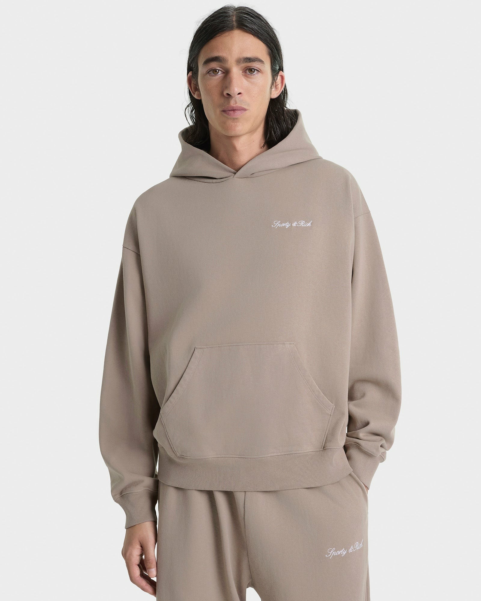 Signature Logo Embroidered Hoodie - Hazelnut/White Sporty & Rich Sale