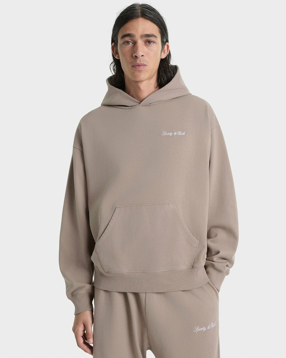 Signature Logo Embroidered Hoodie - Hazelnut/White Sporty & Rich Sale