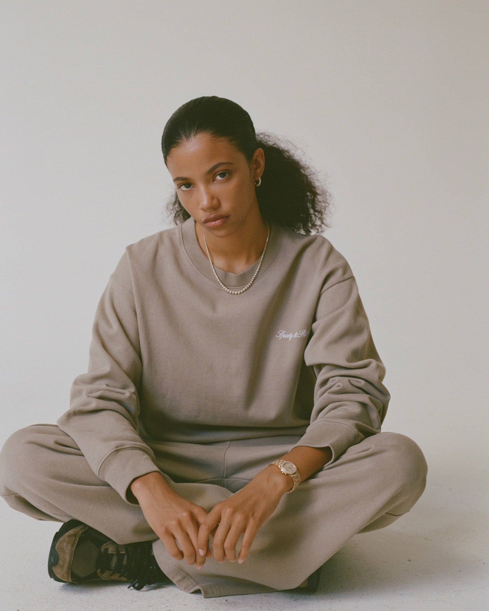 Signature Logo Embroidered Crewneck - Hazelnut/White Sporty & Rich Online