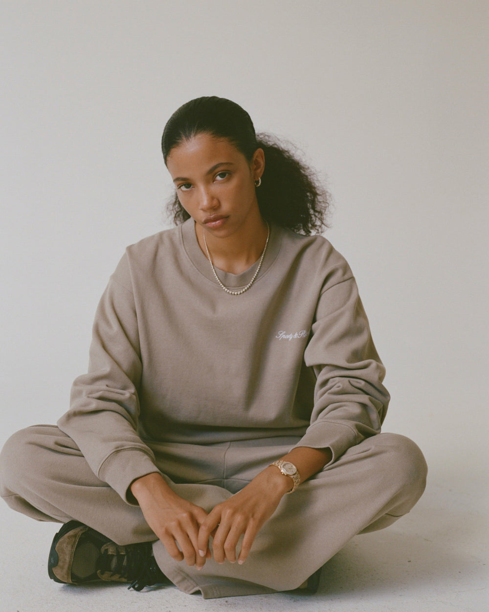 Signature Logo Embroidered Crewneck - Hazelnut/White Sporty & Rich Online