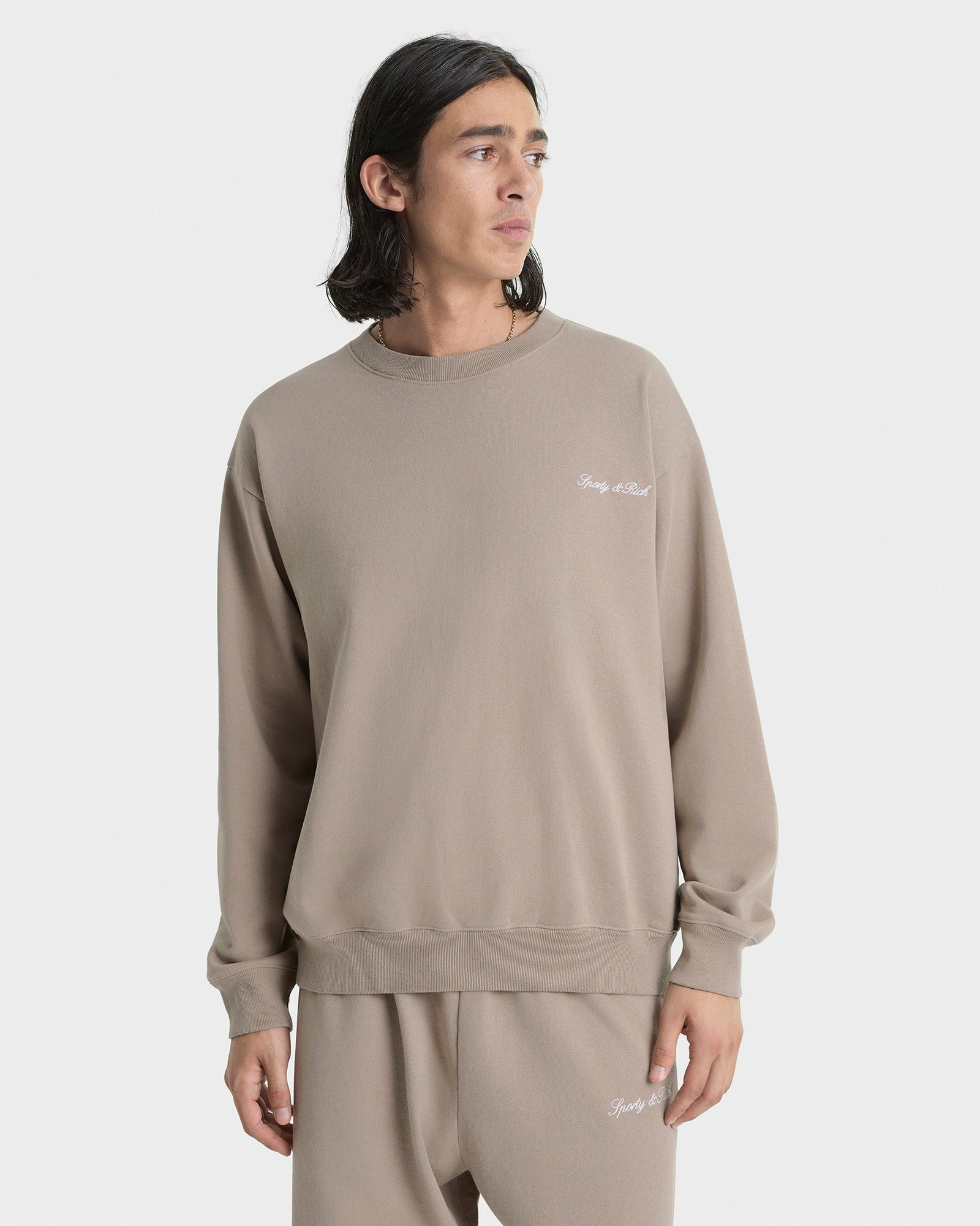 Signature Logo Embroidered Crewneck - Hazelnut/White Sporty & Rich Online
