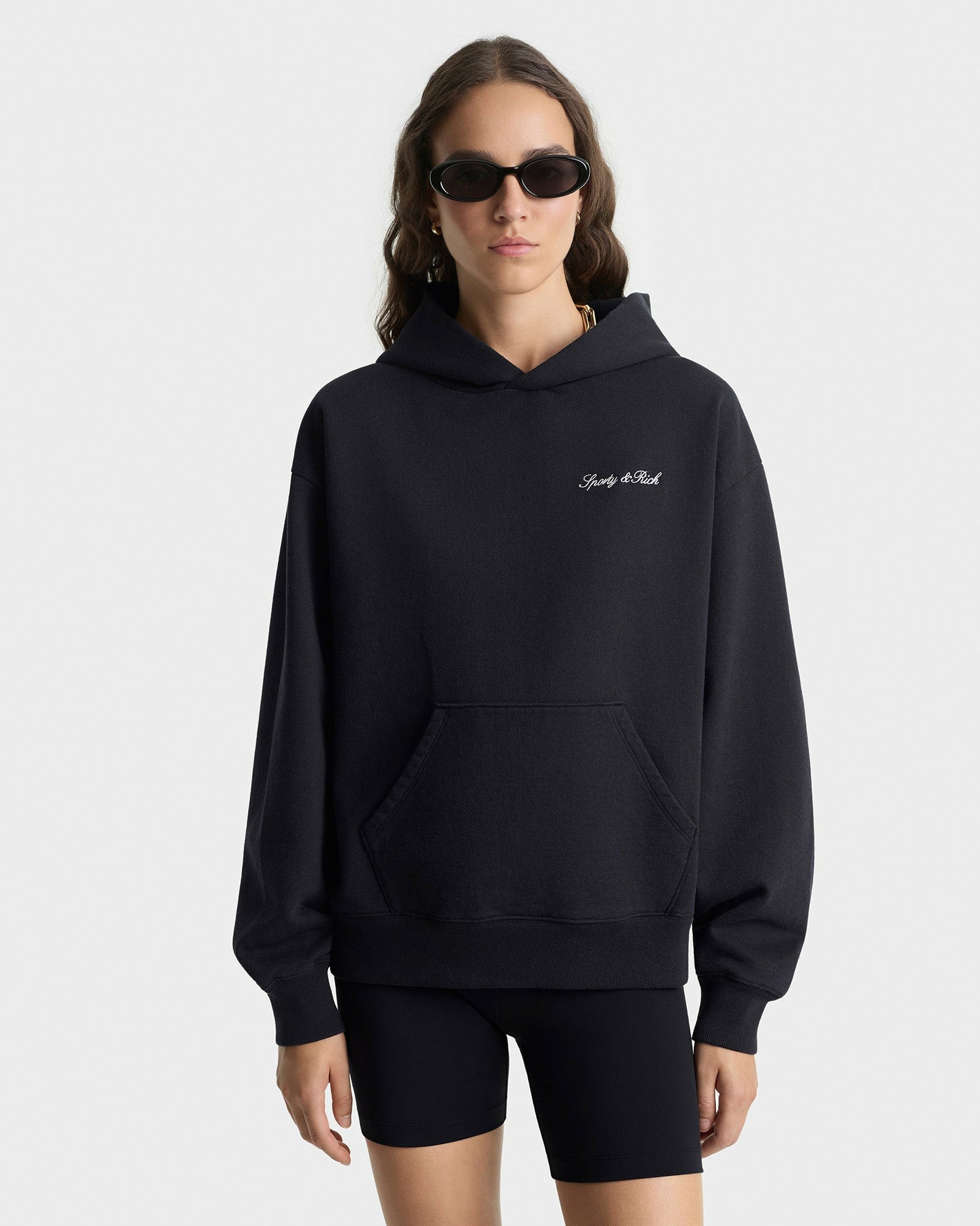 Signature Logo Embroidered Hoodie - Black/White Sporty & Rich Discount