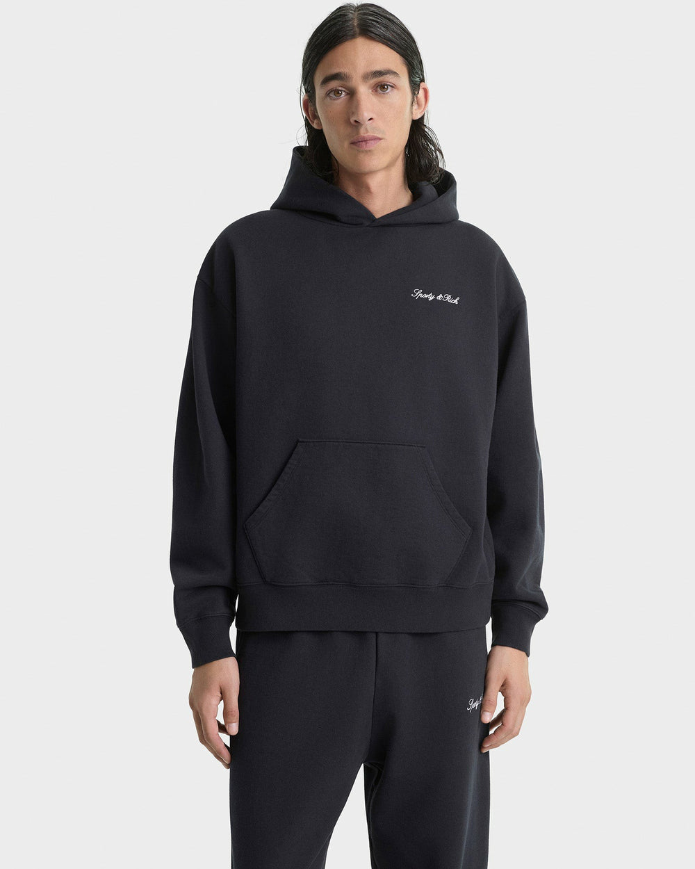 Signature Logo Embroidered Hoodie - Black/White Sporty & Rich Discount