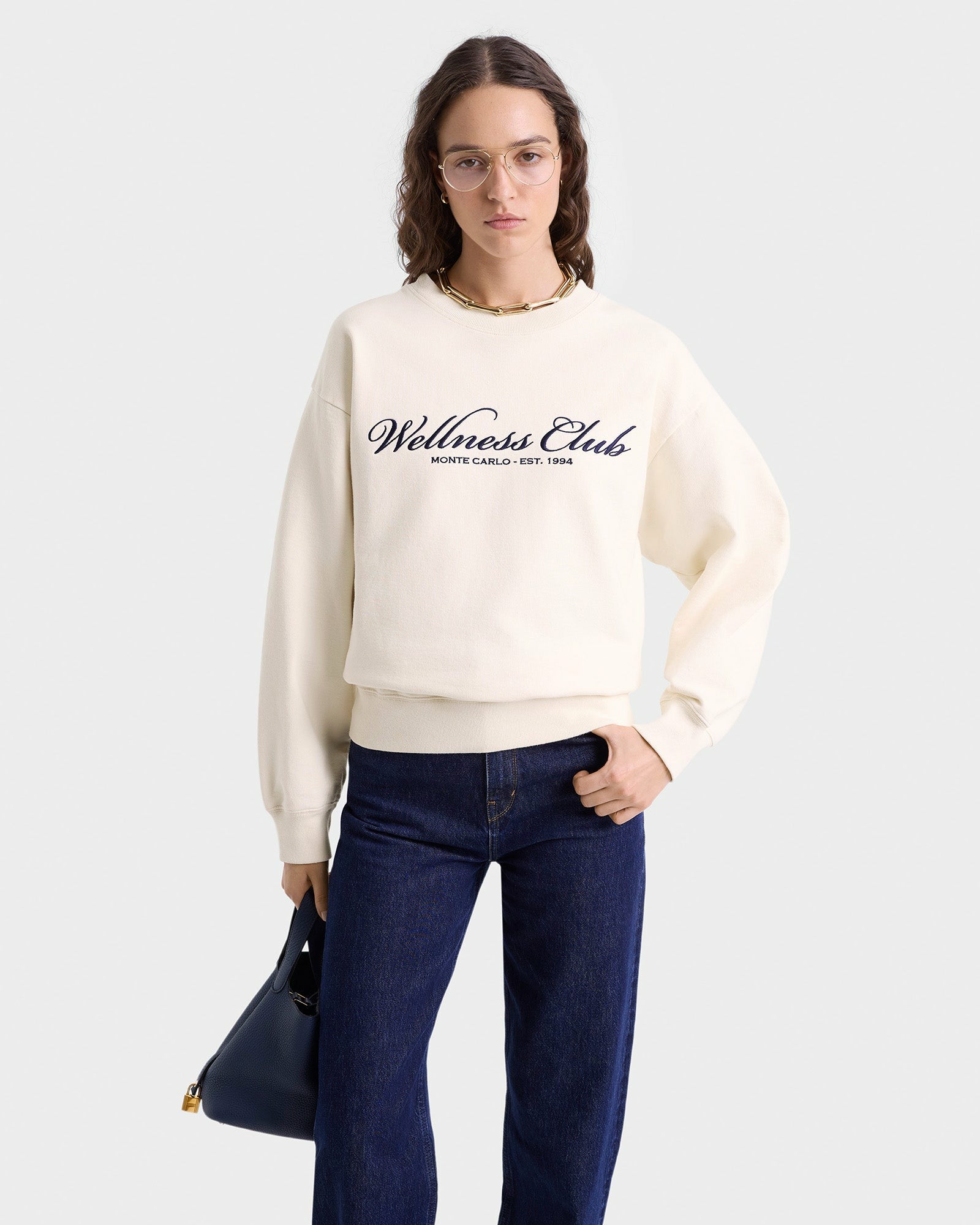 Wellness Club Embroidered Crewneck - Cream/Navy Sporty & Rich Discount