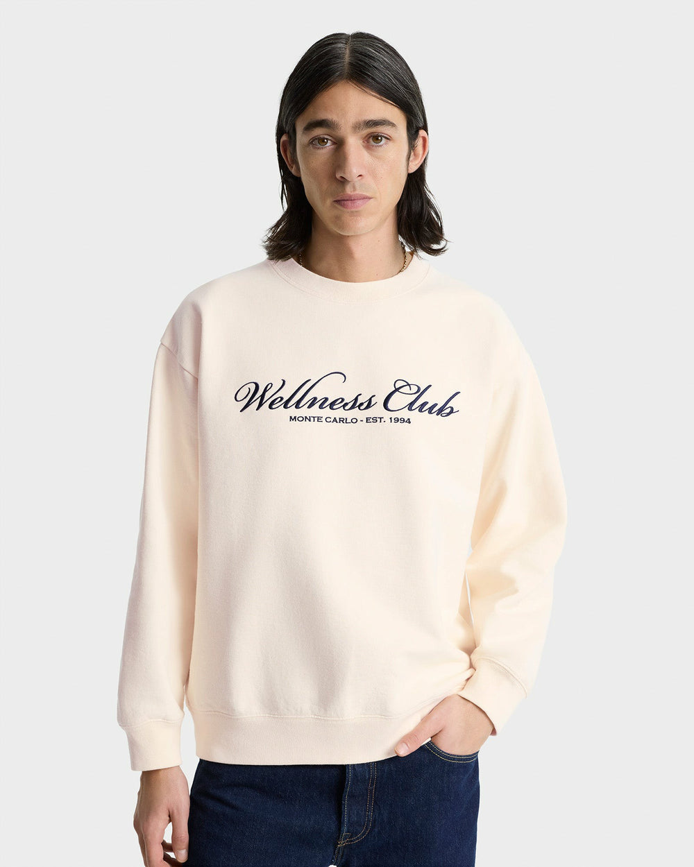 Wellness Club Embroidered Crewneck - Cream/Navy Sporty & Rich Discount